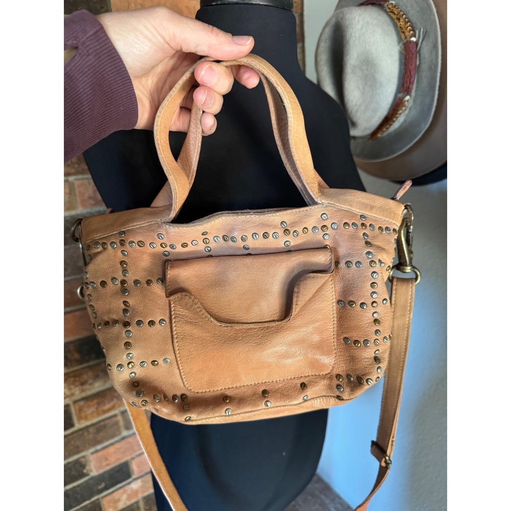 Latico NJ USA Tan Leather Studded Crossbody Bag Front Pocket Boho Handbag